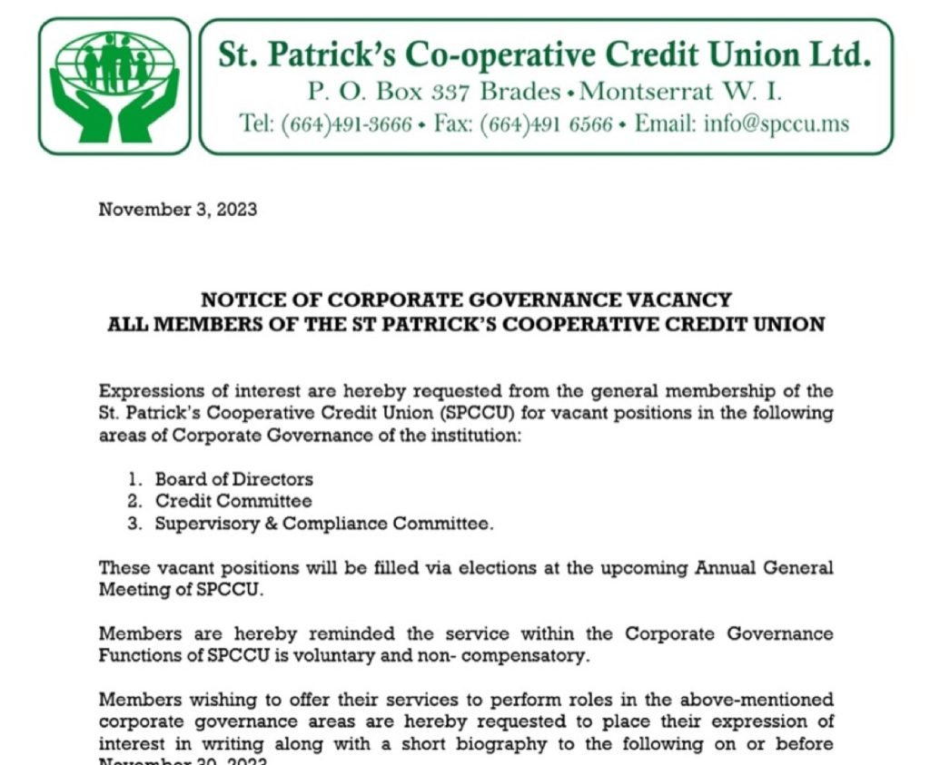 Notice of Corporate Governance Vacancy